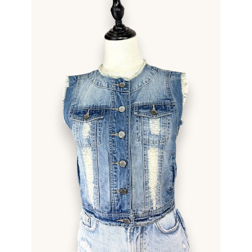 Route 66 Distressed Denim Vest Small Y2K Western Grunge Frayed